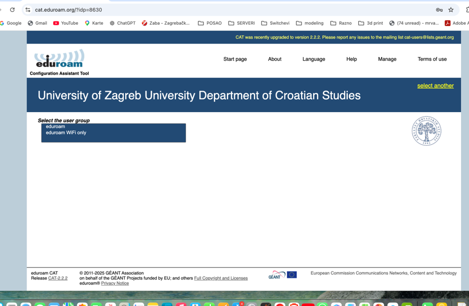 Odabir korisničke grupe eduroam WiFi only na Mac računalu